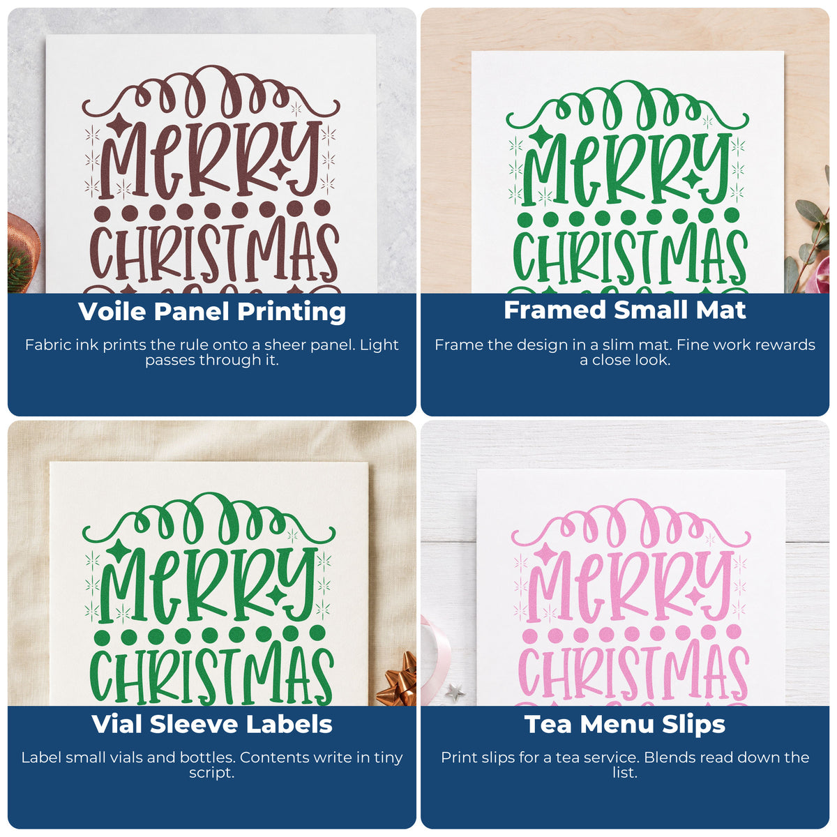 Four ways to use the Merry Christmas Loop Borders Snowflakes Rubber Stamp – Wood Handle: voile panel printing, framed small mat, vial sleeve labels and tea menu slips.