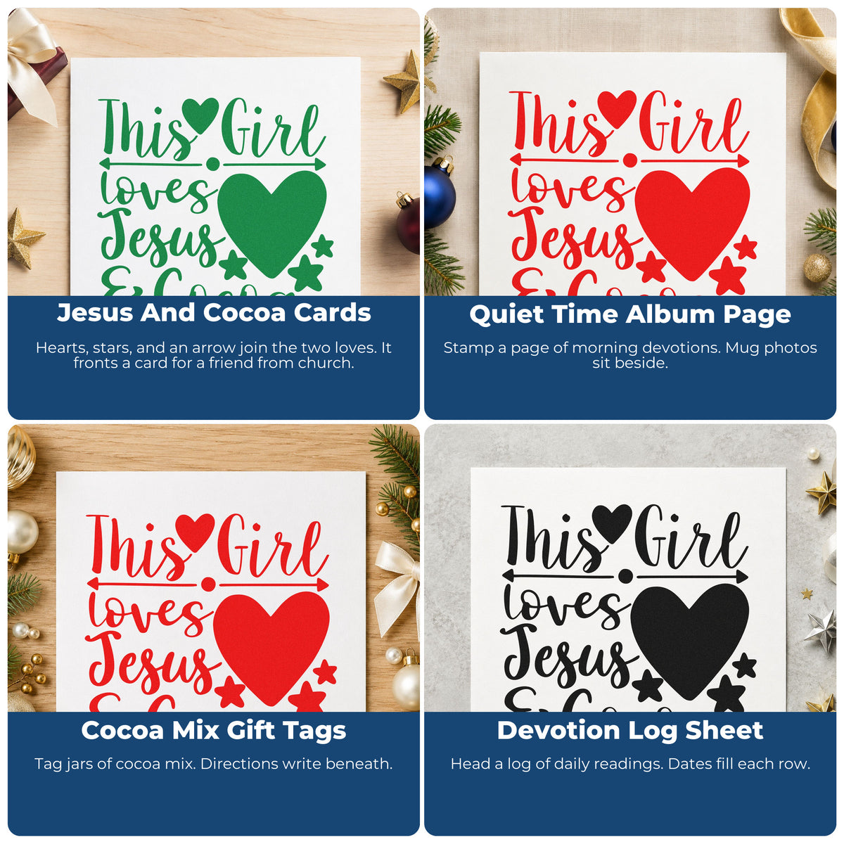 Four ways to use the This Girl Loves Jesus & Cocoa Premium Wooden Stamp - Vintage Pro: jesus and cocoa cards, quiet time album page, cocoa mix gift tags and devotion log sheet.
