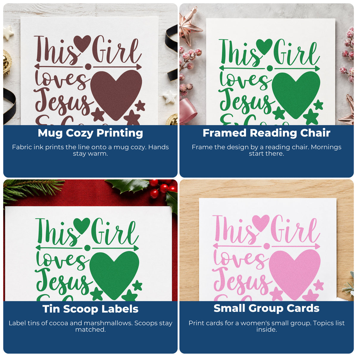 Four ways to use the This Girl Loves Jesus & Cocoa Stamp – Self-Inking: mug cozy printing, framed reading chair, tin scoop labels and small group cards.