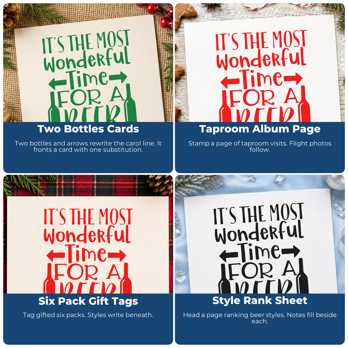 Four ways to use the Wonderful Time For Beer Slim Pre-Inked Stamp: two bottles cards, taproom album page, six pack gift tags and style rank sheet.