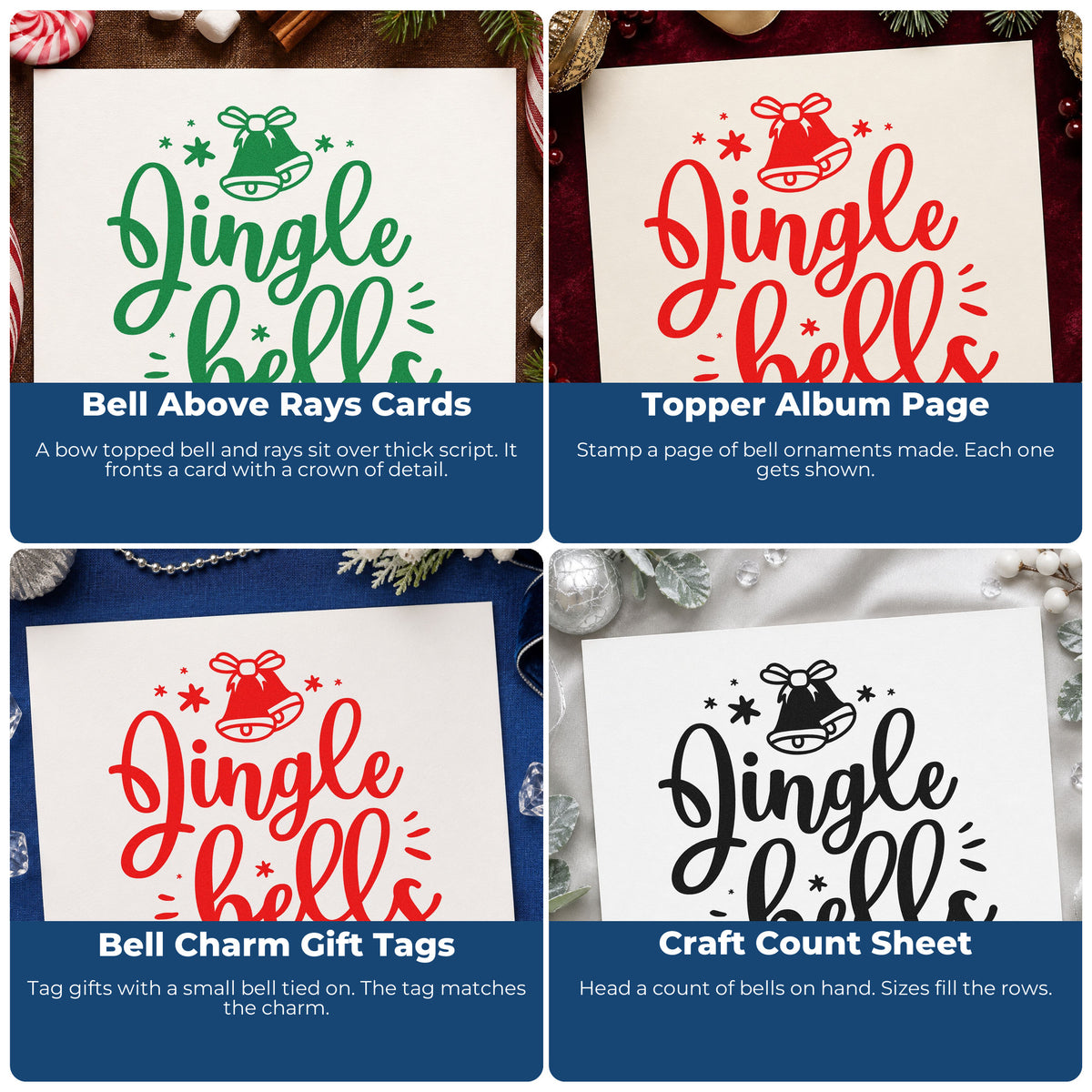 Four ways to use the Jingle Bells Bow Bell With Stars Pre-Inked Stamp – PSI: bell above rays cards, topper album page, bell charm gift tags and craft count sheet.