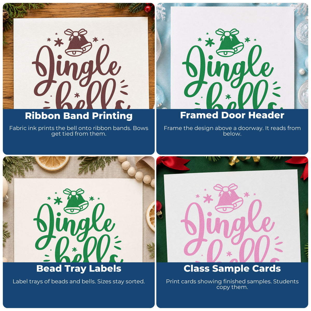 Four ways to use the Jingle Bells Bow Bell With Stars Self-Inking Stamp: ribbon band printing, framed door header, bead tray labels and class sample cards.