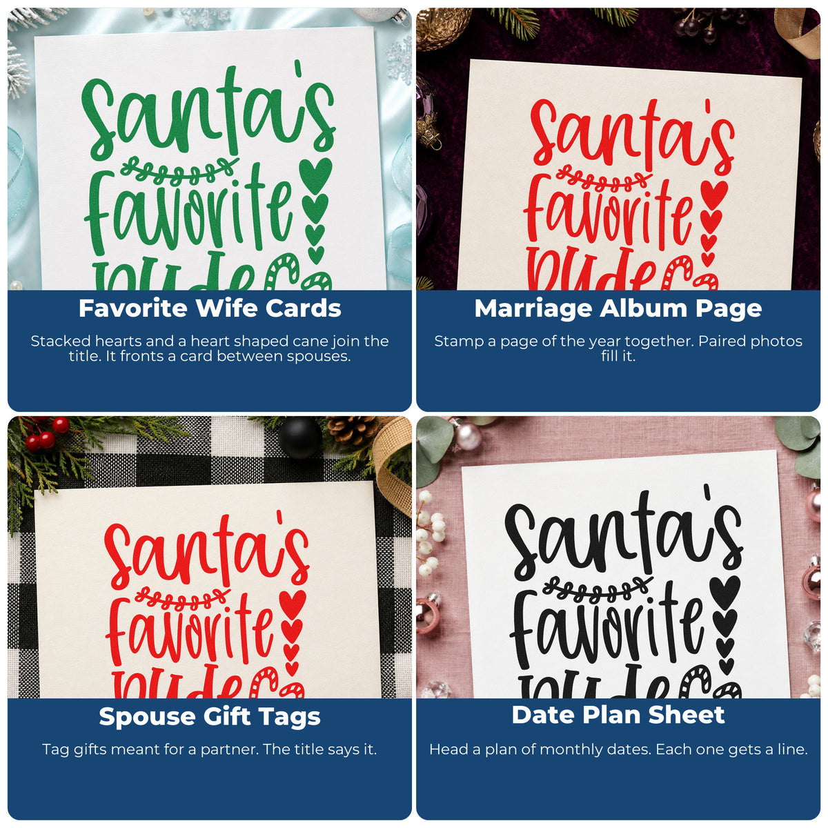 Four ways to use the PSI Pre-Inked Santa's Favorite Wife Hearts Stamp: favorite wife cards, marriage album page, spouse gift tags and date plan sheet.