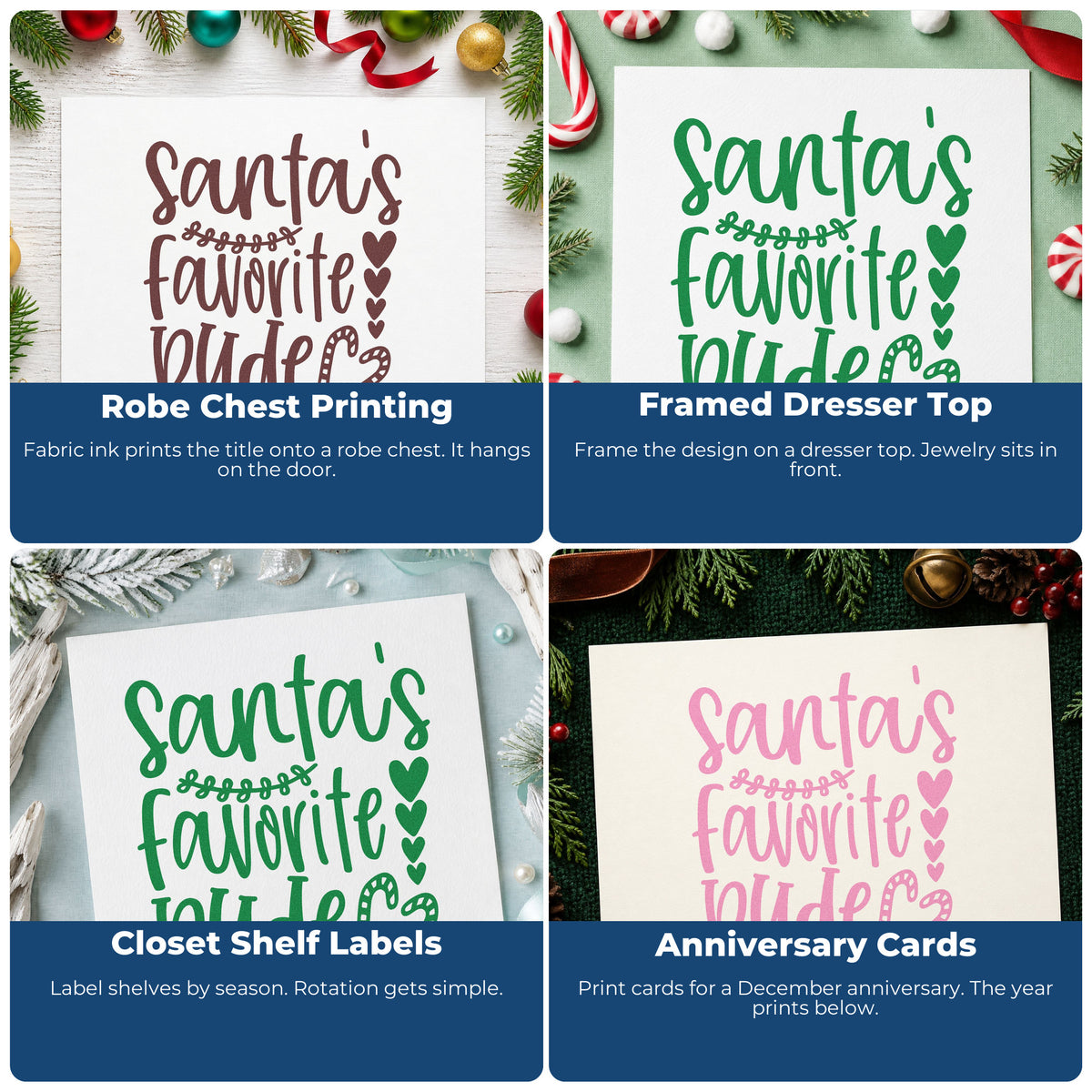Four ways to use the Santa's Favorite Wife Hearts Premium Wood-Mounted Stamp - Vintage Pro: robe chest printing, framed dresser top, closet shelf labels and anniversary cards.