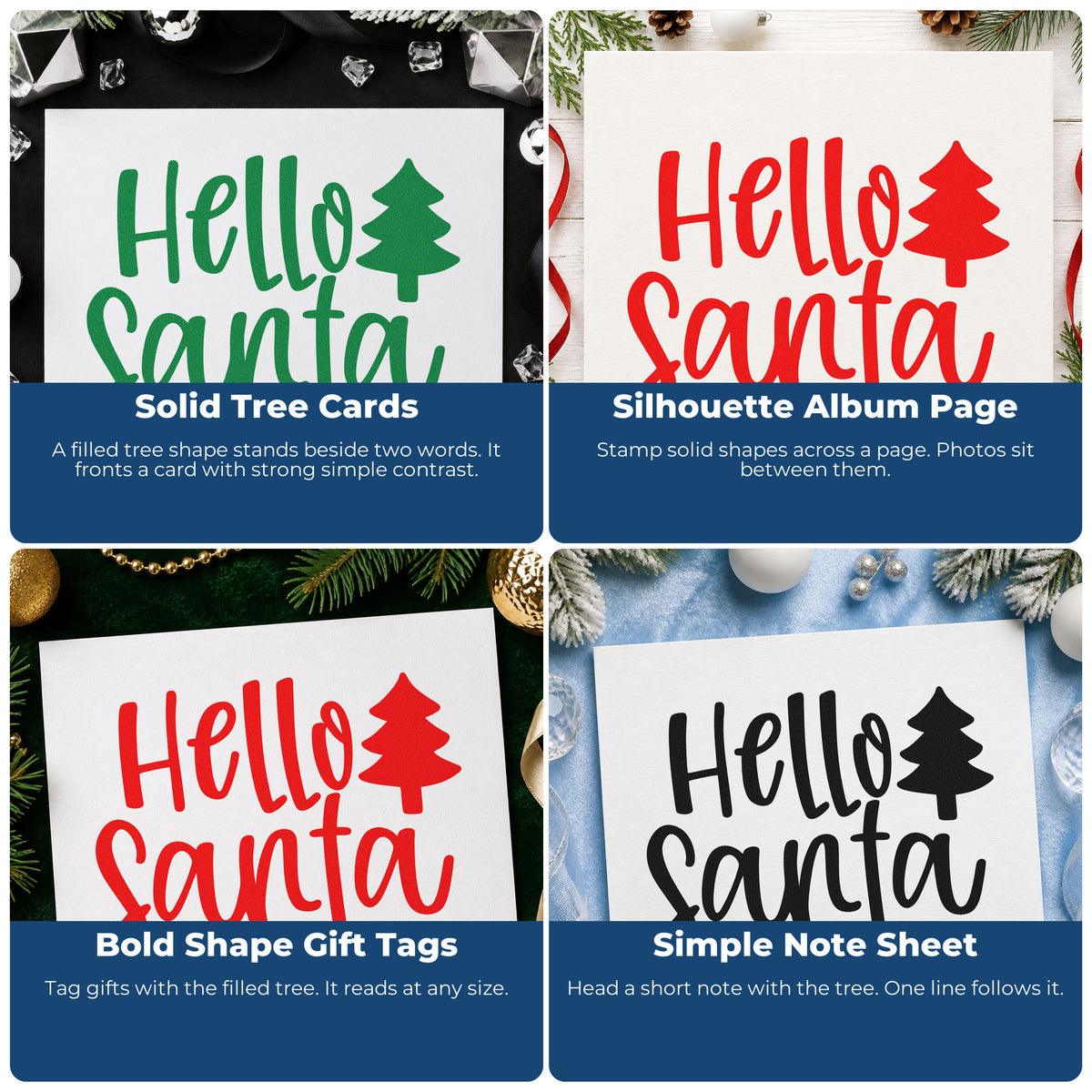 Four ways to use the Hello Santa With Tree PSI Pre-Inked Stamp: solid tree cards, silhouette album page, bold shape gift tags and simple note sheet.