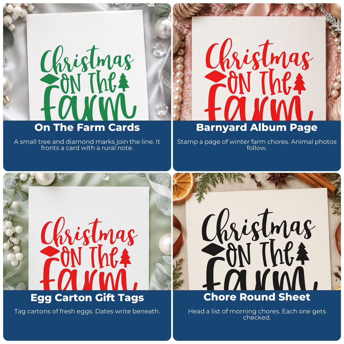 Four ways to use the Christmas On The Farm Tree Motif Rubber Stamp – Wood Handle: on the farm cards, barnyard album page, egg carton gift tags and chore round sheet.