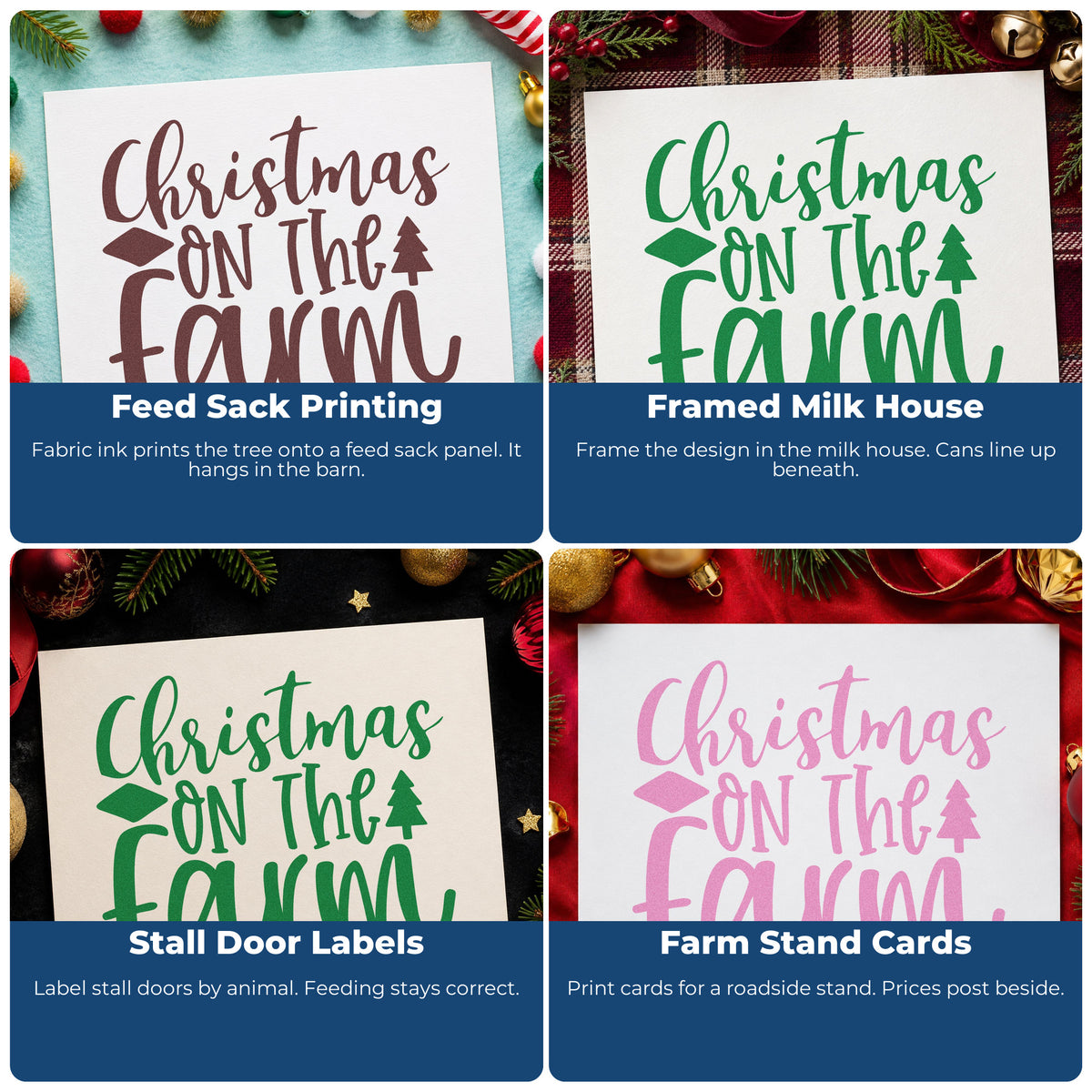 Four ways to use the Christmas On The Farm Tree Motif Stamp – Duo Hand: feed sack printing, framed milk house, stall door labels and farm stand cards.