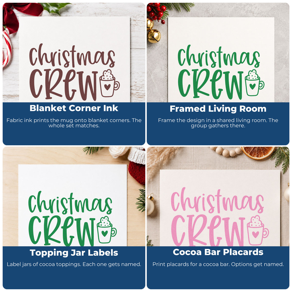 Four ways to use the Christmas Crew Cocoa Mug Rubber Stamp – Duo Hand: blanket corner ink, framed living room, topping jar labels and cocoa bar placards.