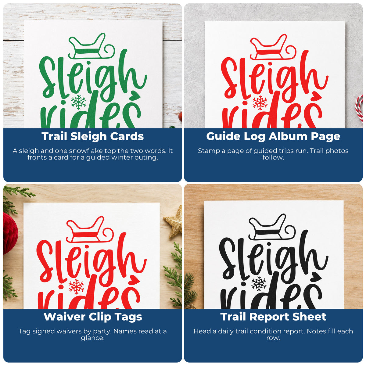 Four ways to use the Vintage Pro Sleigh Rides Winter Lettering Premium Wooden Stamp: trail sleigh cards, guide log album page, waiver clip tags and trail report sheet.