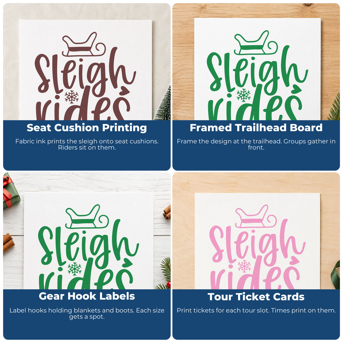 Four ways to use the Sleigh Rides Winter Lettering Stamp – Self-Inking: seat cushion printing, framed trailhead board, gear hook labels and tour ticket cards.