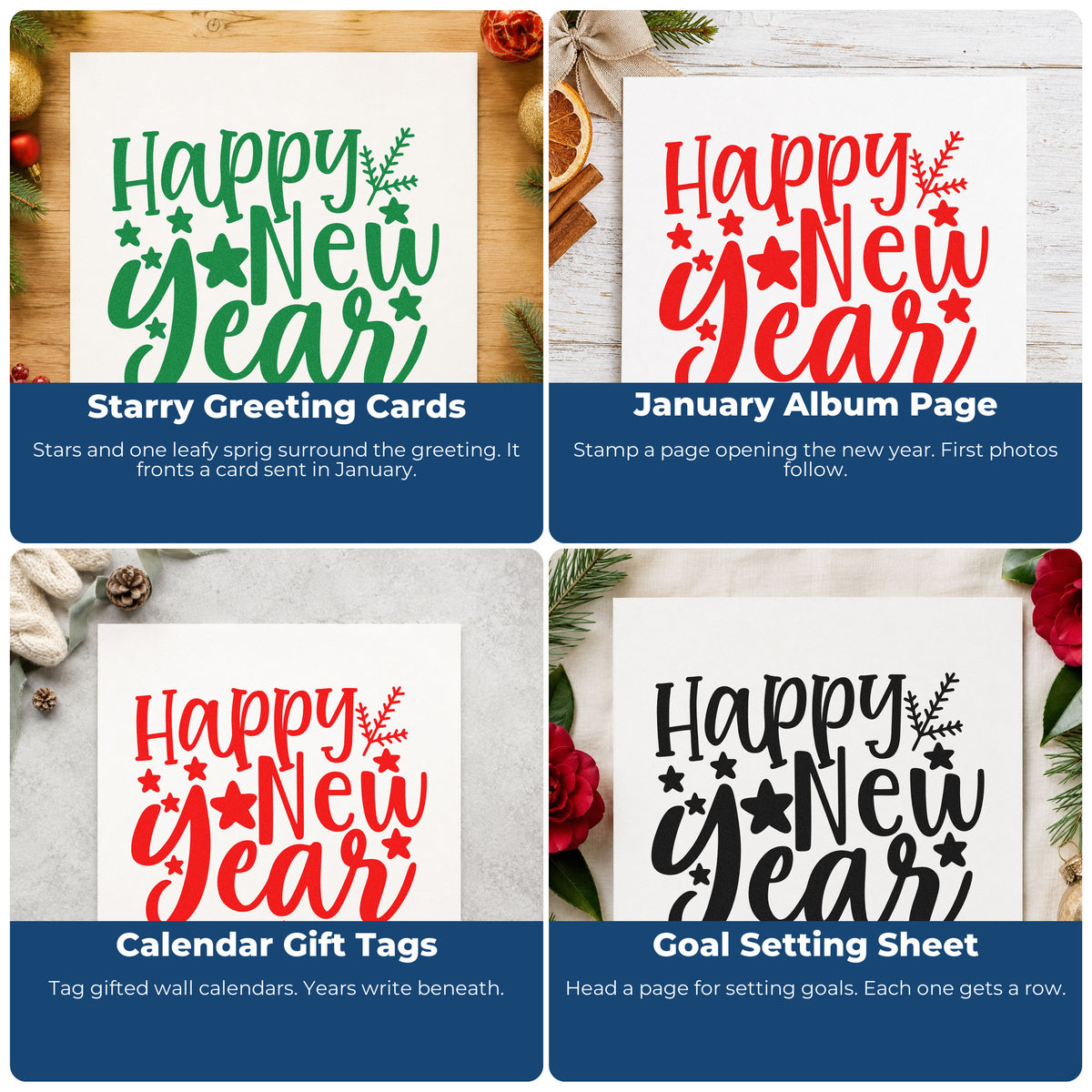 Four ways to use the Happy New Year Botanical Sprig Self-Inking Stamp: starry greeting cards, january album page, calendar gift tags and goal setting sheet.