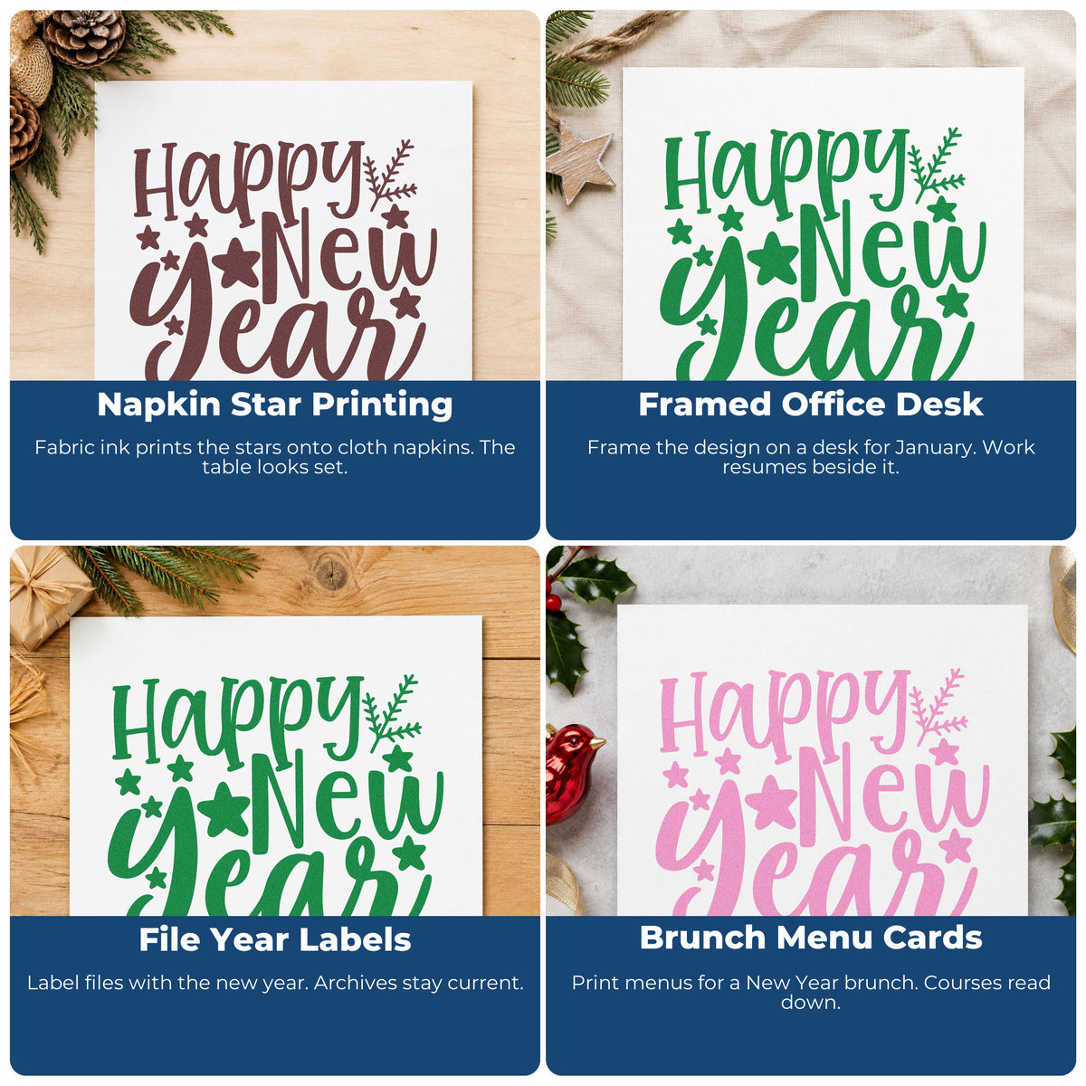 Four ways to use the Happy New Year Botanical Sprig Self-Inking Stamp: napkin star printing, framed office desk, file year labels and brunch menu cards.