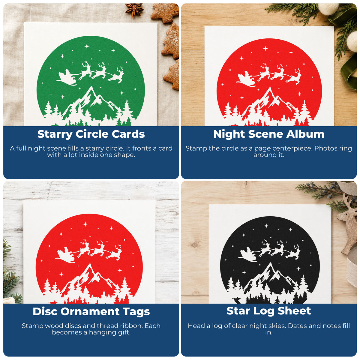 Four ways to use the Santa Reindeer Mountain Night Craft Stamp – Self-Inking: starry circle cards, night scene album, disc ornament tags and star log sheet.