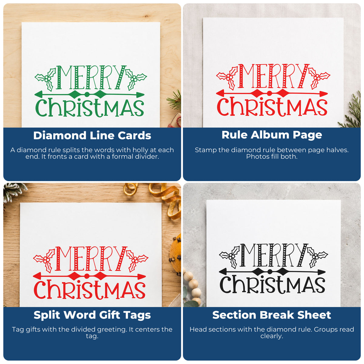 Four ways to use the Merry Christmas Holly Banner Lettering Stamp - Premium Vintage Pro Wooden: diamond line cards, rule album page, split word gift tags and section break sheet.