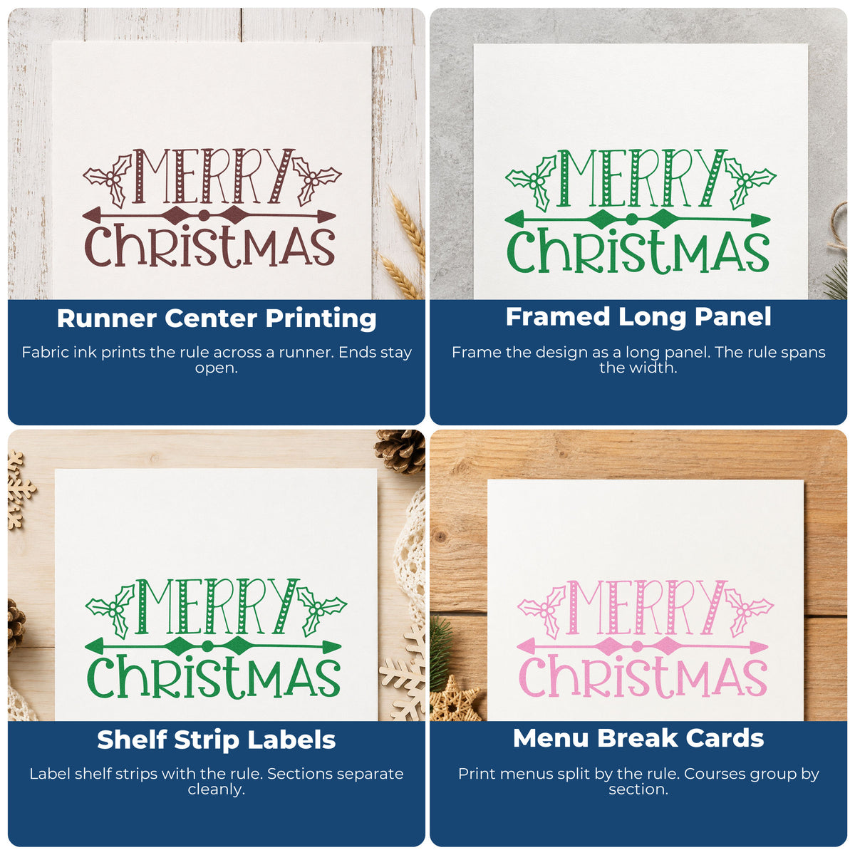 Four ways to use the Merry Christmas Holly Banner Lettering Stamp - Premium Vintage Pro Wooden: runner center printing, framed long panel, shelf strip labels and menu break cards.