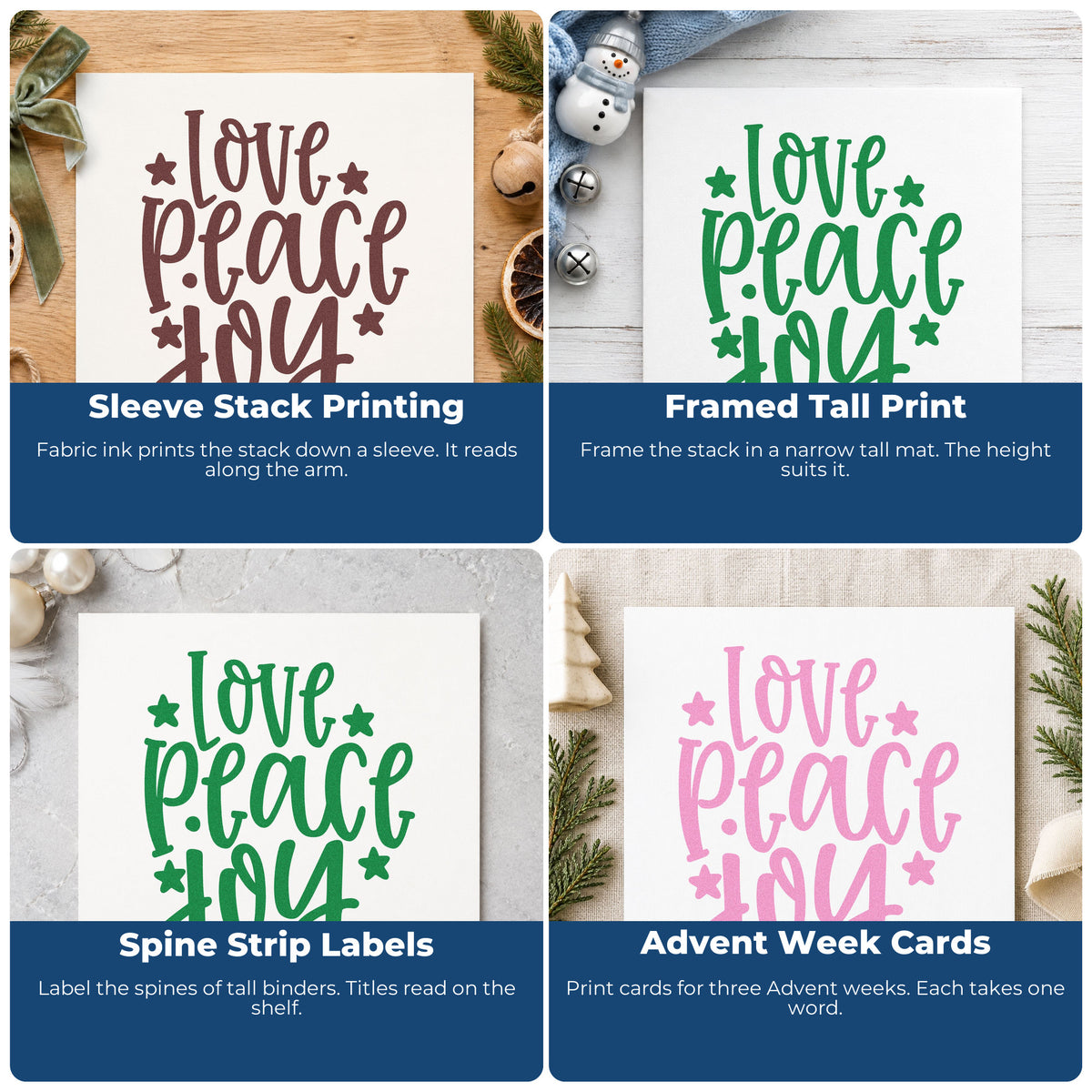 Four ways to use the Love Peace Joy Stars Slim Pre-Inked Stamp: sleeve stack printing, framed tall print, spine strip labels and advent week cards.