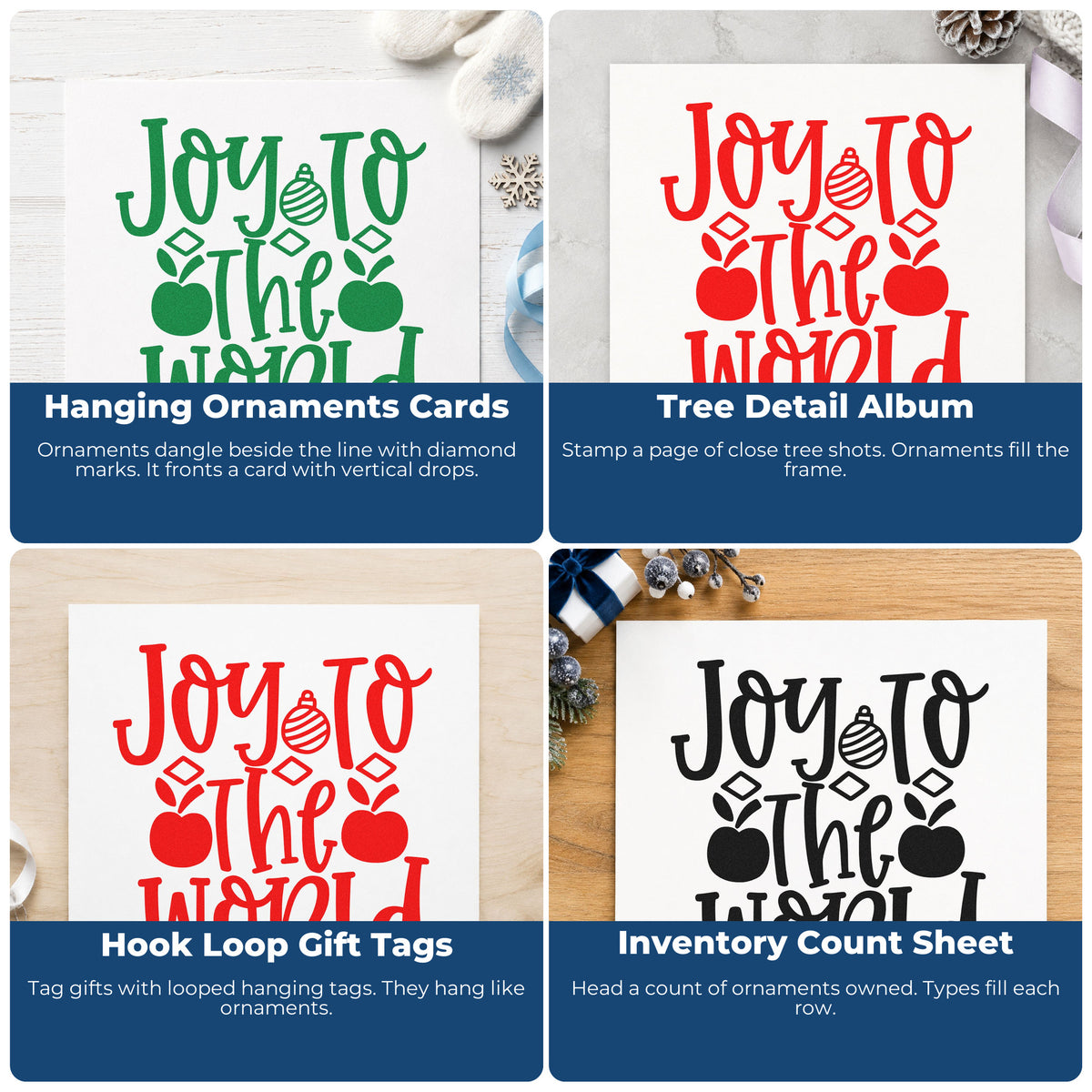 Four ways to use the Premium Wooden Joy To The World Ornaments Lettering Stamp - Vintage Pro: hanging ornaments cards, tree detail album, hook loop gift tags and inventory count sheet.