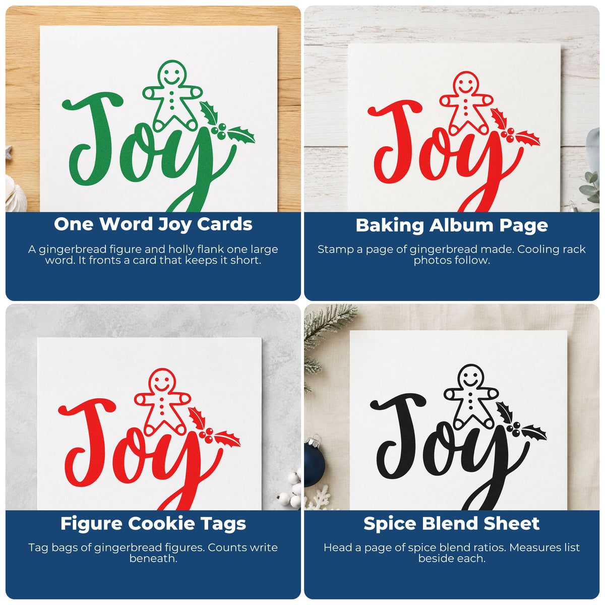 Four ways to use the Joy Gingerbread Holly Lettering Pre-Inked Stamp – Slim: one word joy cards, baking album page, figure cookie tags and spice blend sheet.