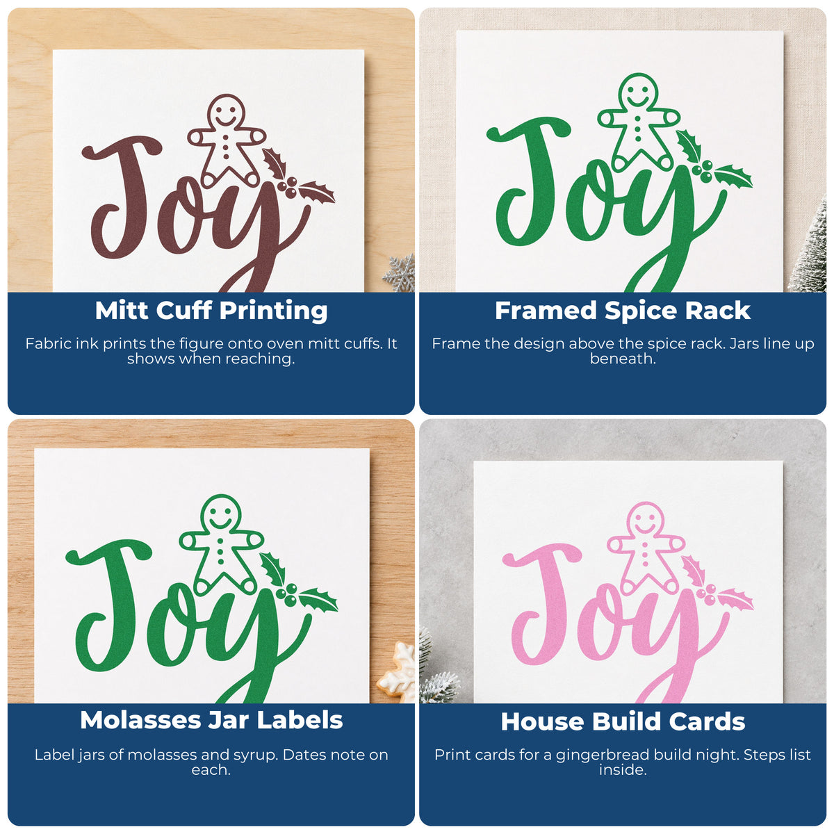 Four ways to use the Joy Gingerbread Holly Lettering Pre-Inked Stamp – Slim: mitt cuff printing, framed spice rack, molasses jar labels and house build cards.