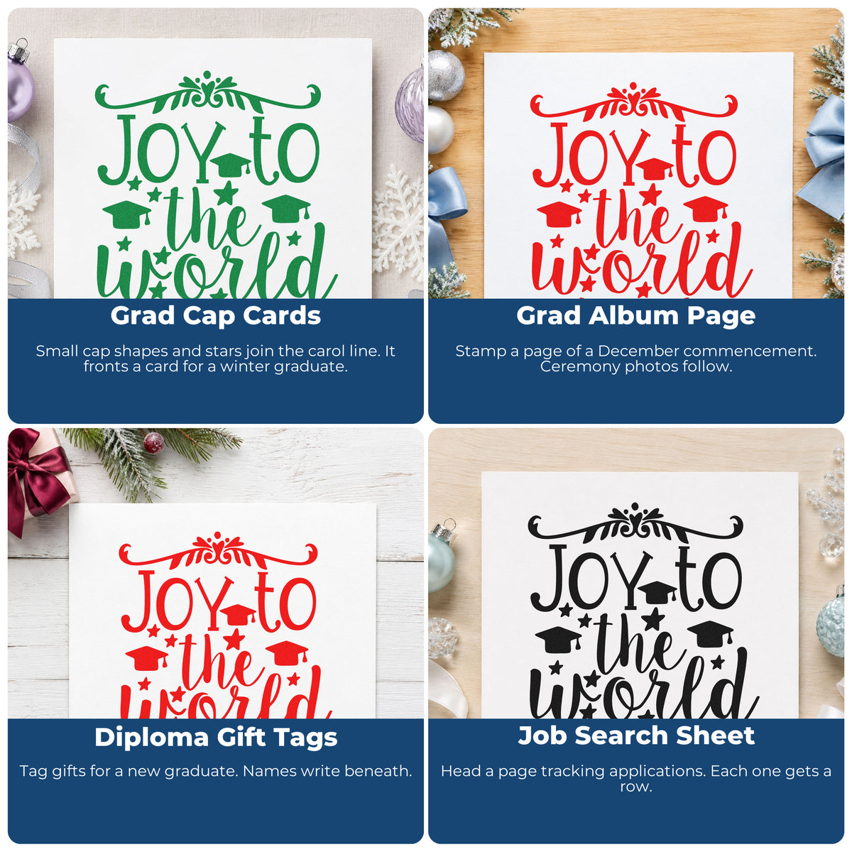 Four ways to use the Joy To The World Botanical Lettering Stamp – Duo Hand: grad cap cards, grad album page, diploma gift tags and job search sheet.