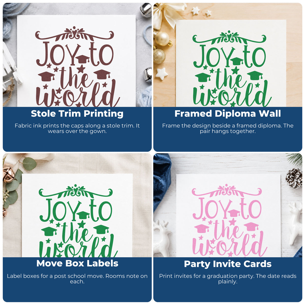 Four ways to use the Joy To The World Botanical Lettering Stamp – Duo Hand: stole trim printing, framed diploma wall, move box labels and party invite cards.
