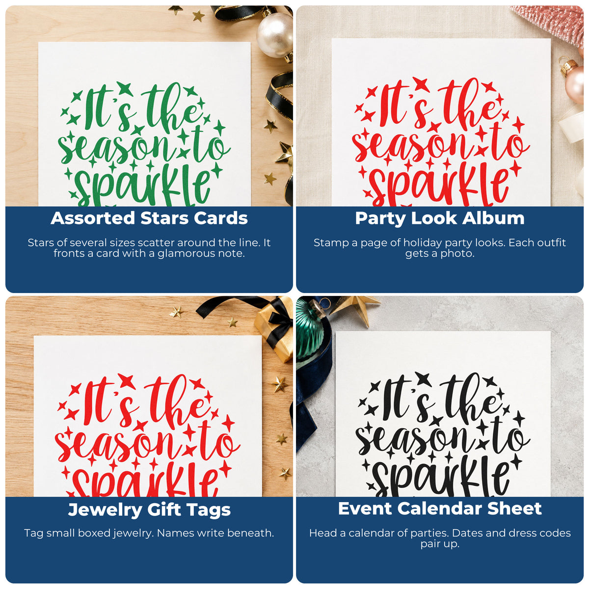 Four ways to use the It's The Season To Sparkle Stamp – Self-Inking: assorted stars cards, party look album, jewelry gift tags and event calendar sheet.