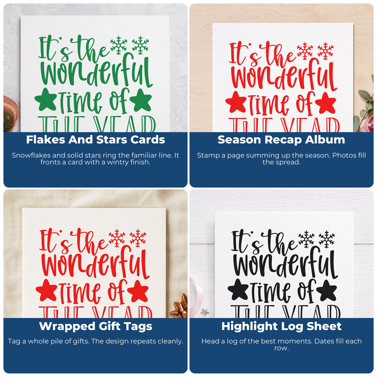 Four ways to use the Duo Hand Wonderful Time Of The Year Rubber Stamp: flakes and stars cards, season recap album, wrapped gift tags and highlight log sheet.