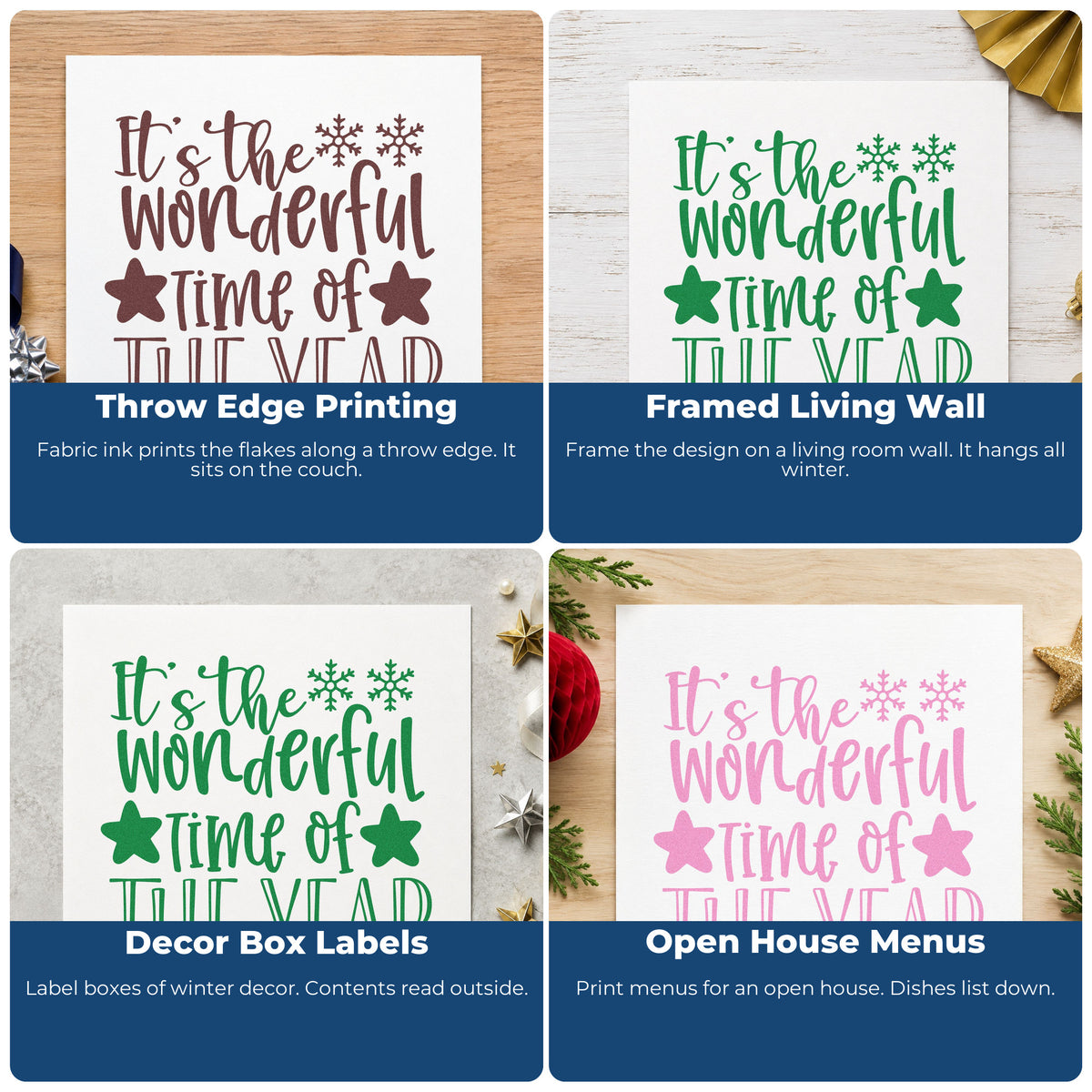 Four ways to use the Wonderful Time Of The Year Wood Handle Stamp: throw edge printing, framed living wall, decor box labels and open house menus.