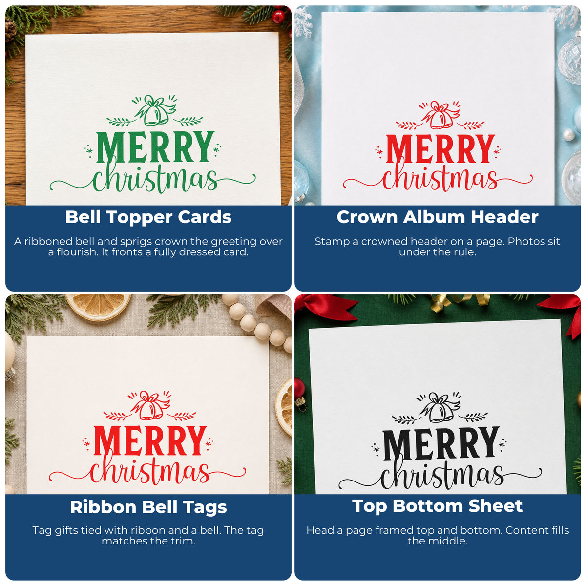 Four ways to use the Merry Christmas Bell Flourished Lettering Self-Inking Stamp: bell topper cards, crown album header, ribbon bell tags and top bottom sheet.