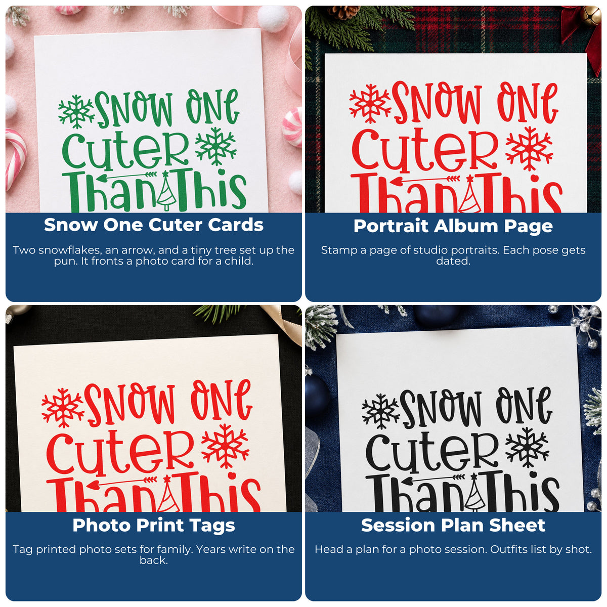 Four ways to use the Snow One Cuter Than This Duo Hand Stamp: snow one cuter cards, portrait album page, photo print tags and session plan sheet.