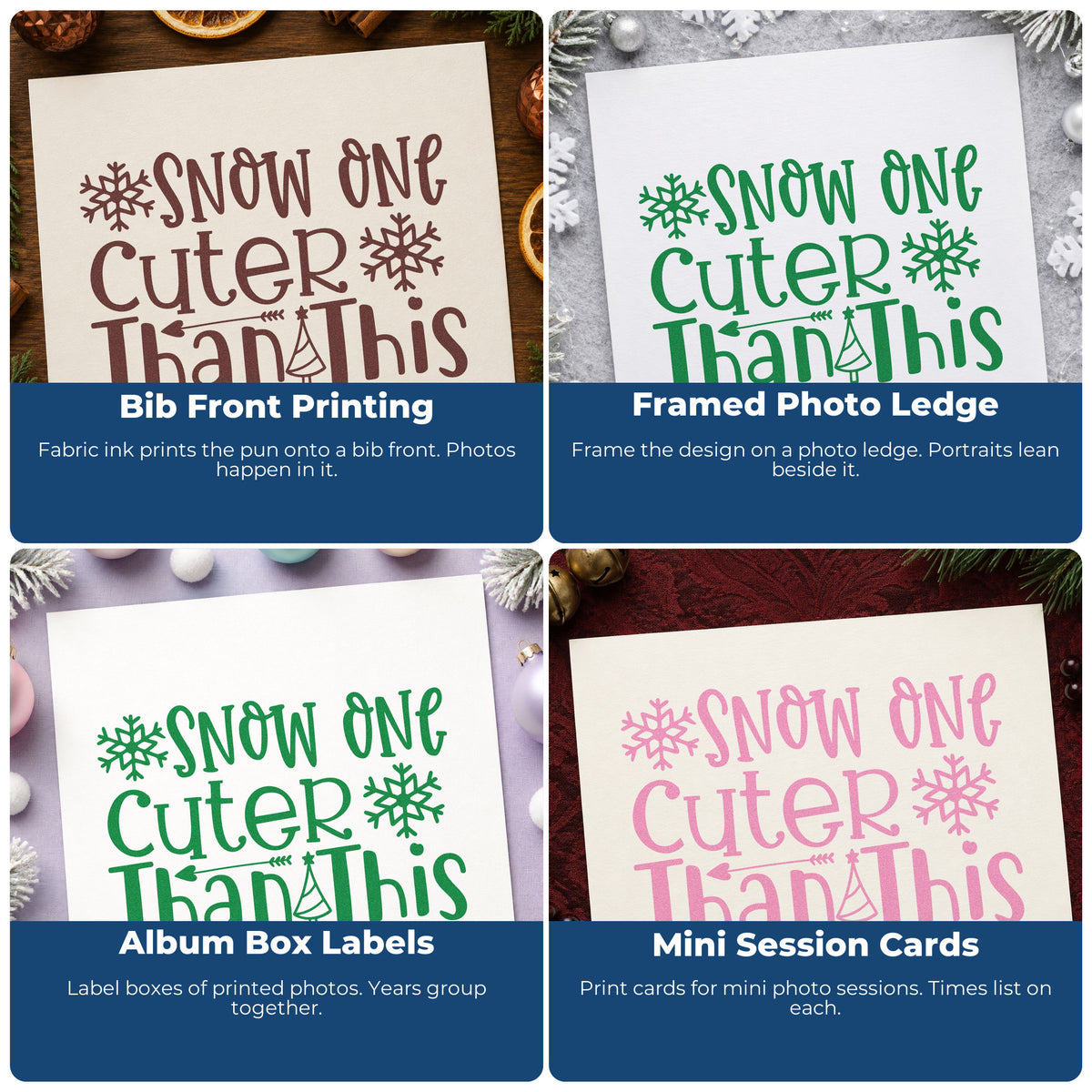 Four ways to use the Snow One Cuter Than This Duo Hand Stamp: bib front printing, framed photo ledge, album box labels and mini session cards.