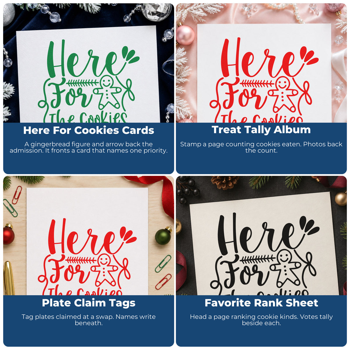 Four ways to use the Here For The Cookies Gingerbread Stamp – Duo Hand: here for cookies cards, treat tally album, plate claim tags and favorite rank sheet.
