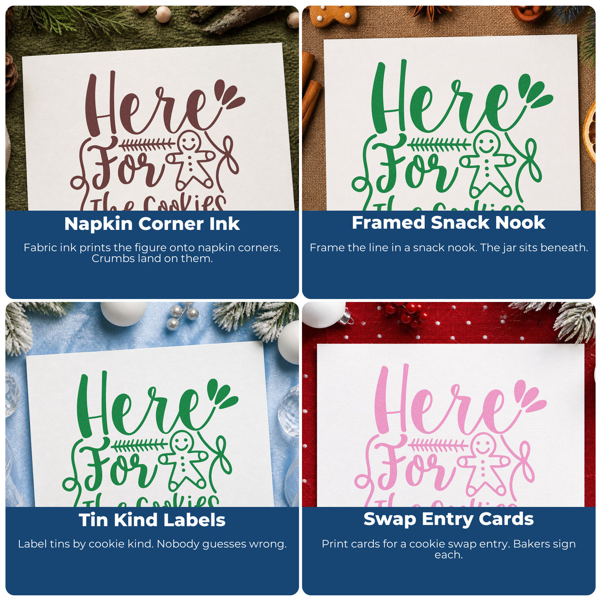Four ways to use the Self-Inking Here For The Cookies Gingerbread Stamp: napkin corner ink, framed snack nook, tin kind labels and swap entry cards.