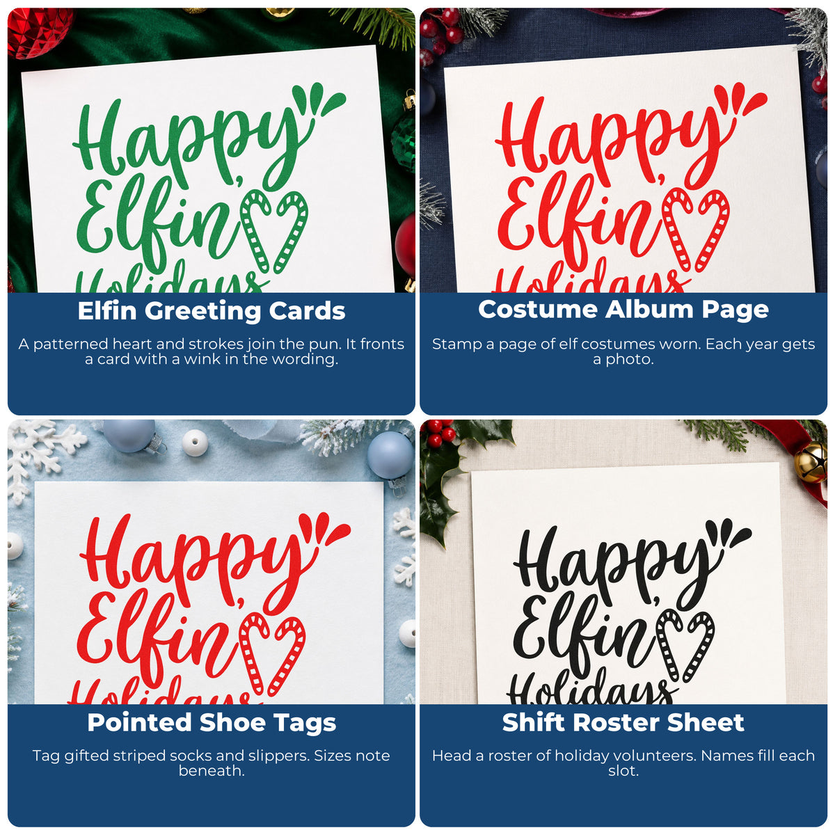 Four ways to use the Happy Elfin Holidays Heart Pre-Inked Stamp – Slim: elfin greeting cards, costume album page, pointed shoe tags and shift roster sheet.