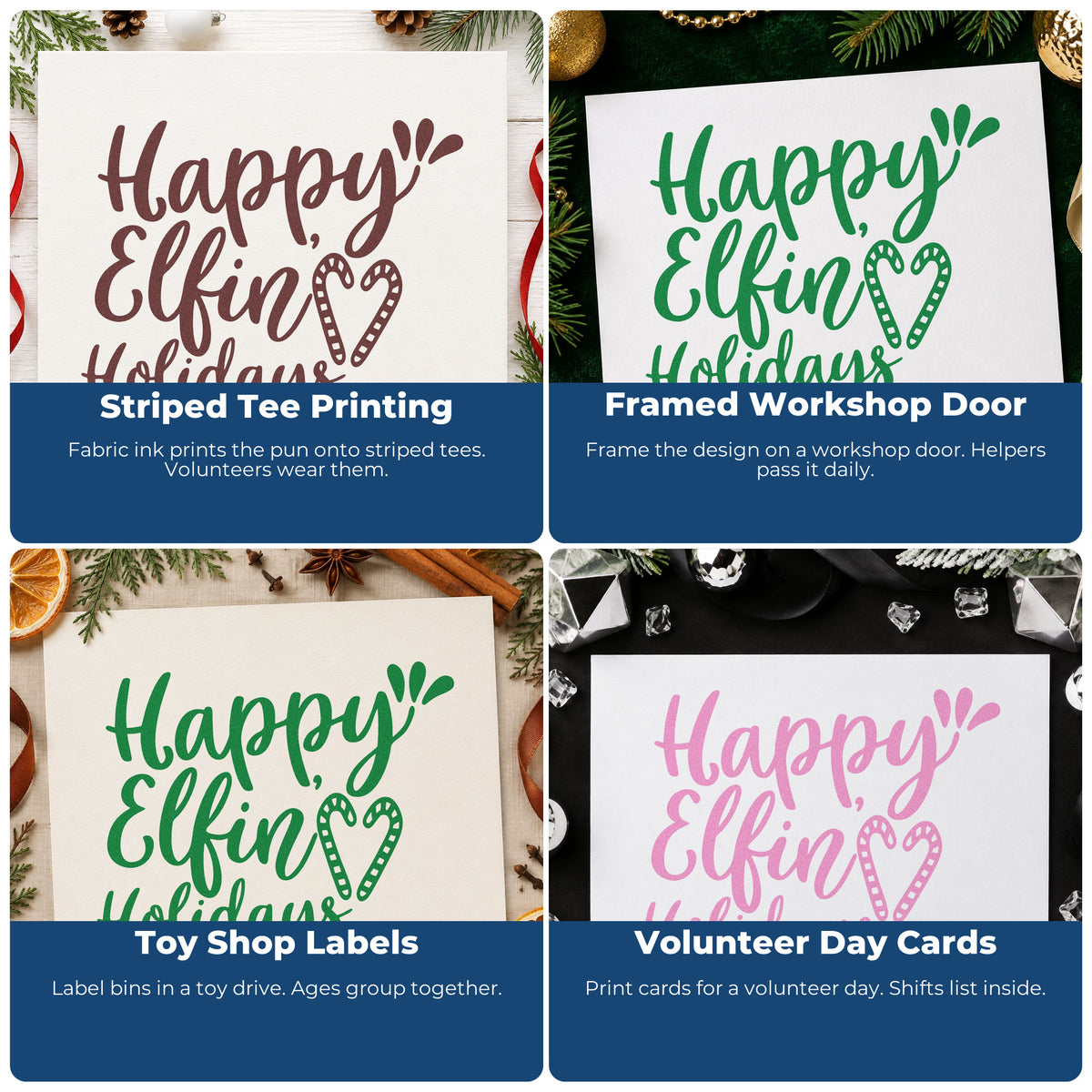 Four ways to use the Happy Elfin Holidays Heart Pre-Inked Stamp – Slim: striped tee printing, framed workshop door, toy shop labels and volunteer day cards.