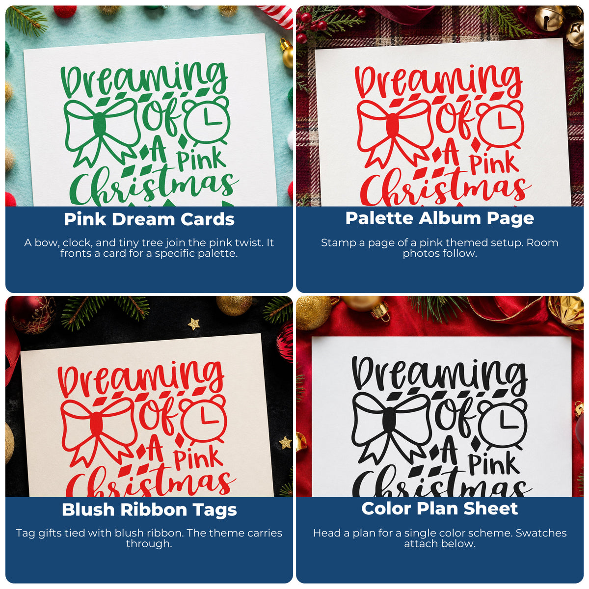 Four ways to use the Duo Hand Dreaming Of A Pink Christmas Tree Motif Rubber Stamp: pink dream cards, palette album page, blush ribbon tags and color plan sheet.