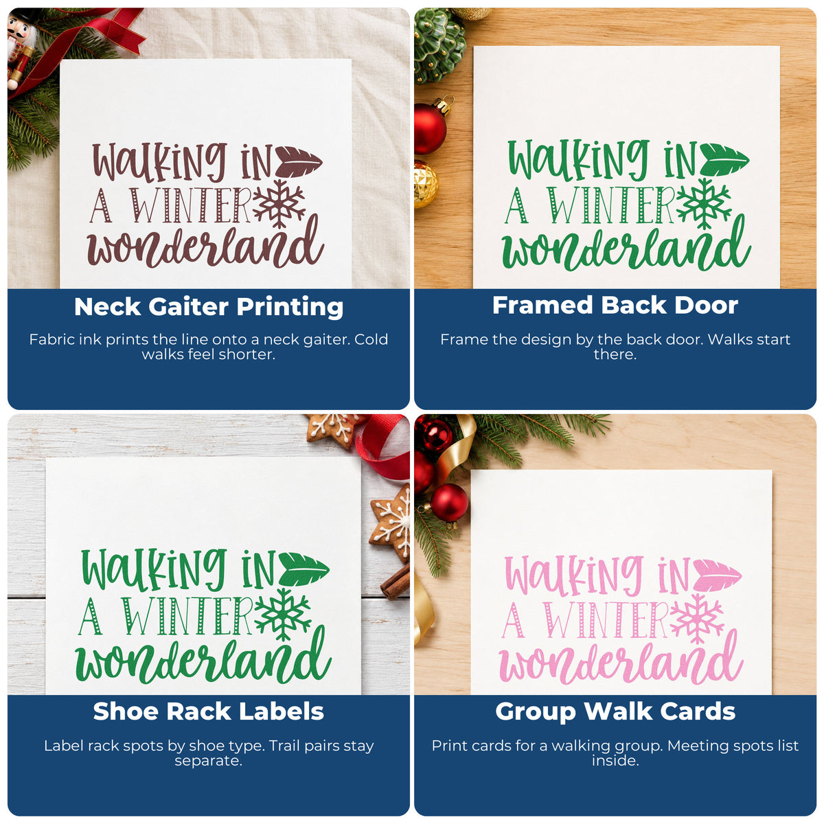 Four ways to use the Walking In A Winter Wonderland Stamp – Self-Inking: neck gaiter printing, framed back door, shoe rack labels and group walk cards.