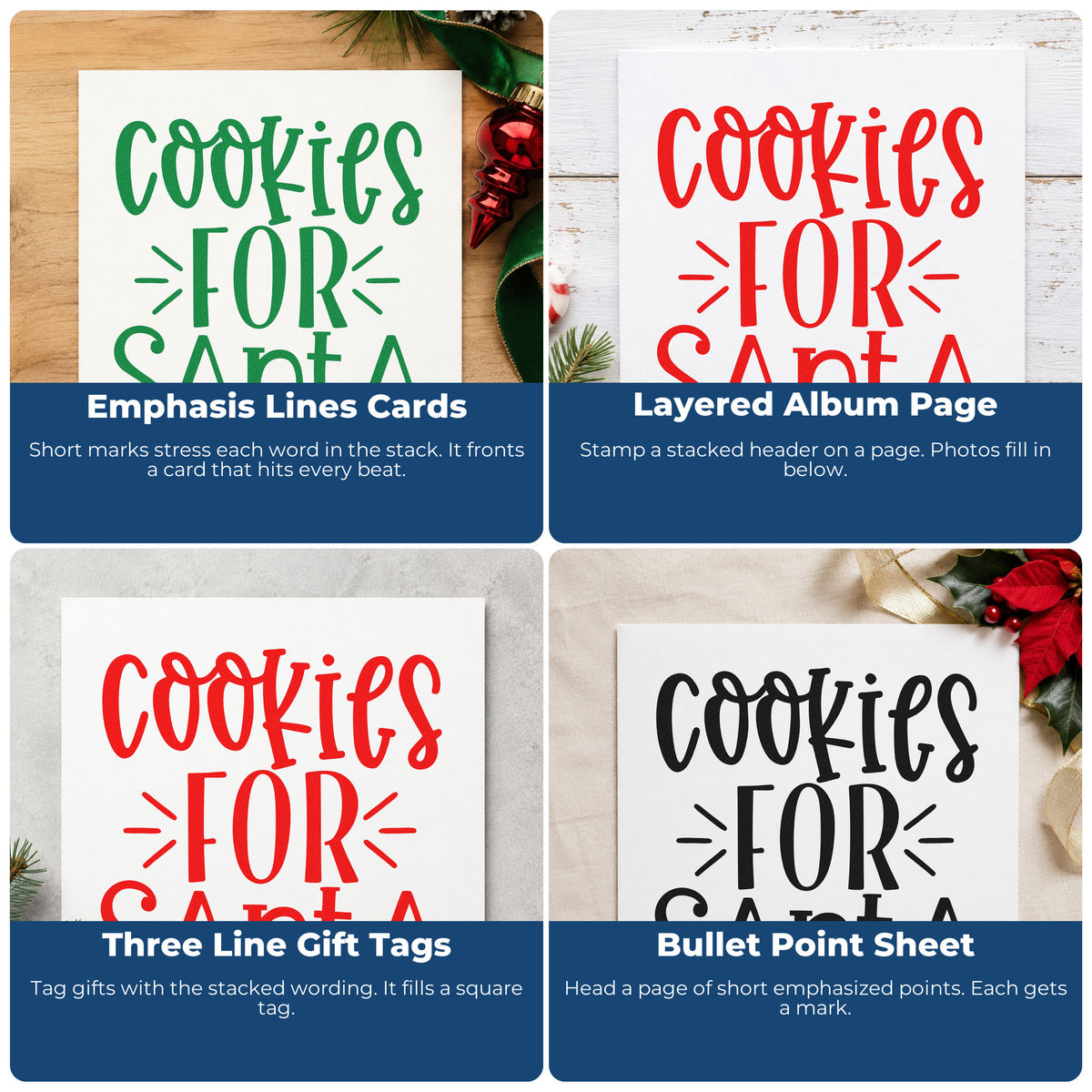 Four ways to use the Cookies For Santa Word Art Rubber Stamp – Duo Hand: emphasis lines cards, layered album page, three line gift tags and bullet point sheet.