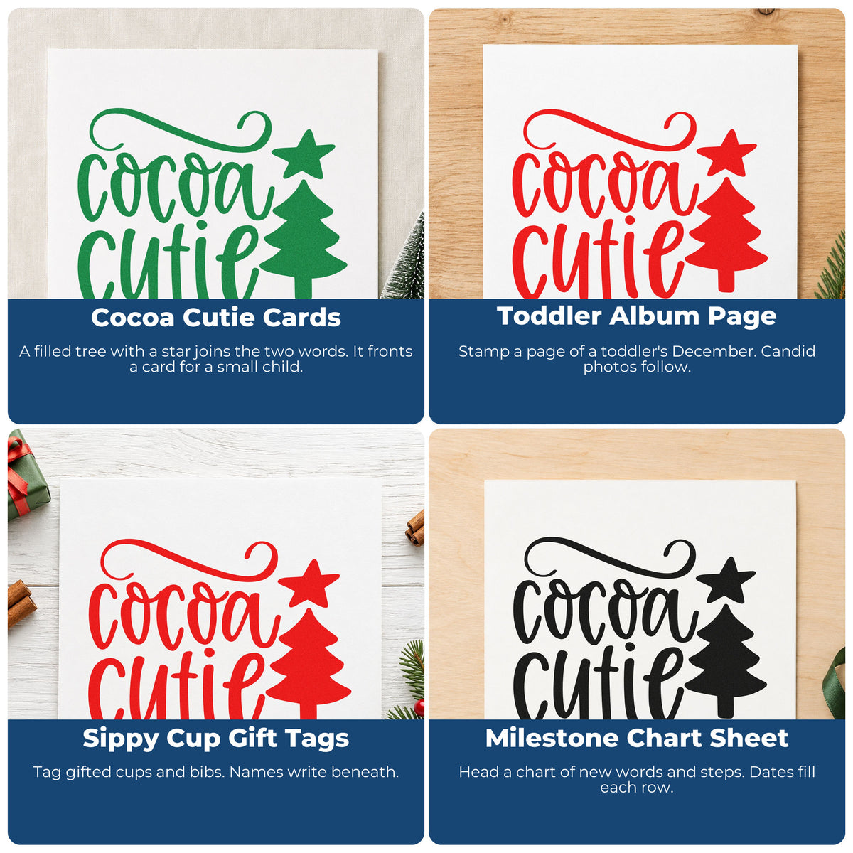 Four ways to use the Cocoa Cutie Christmas Tree Pre-Inked Stamp – Slim: cocoa cutie cards, toddler album page, sippy cup gift tags and milestone chart sheet.