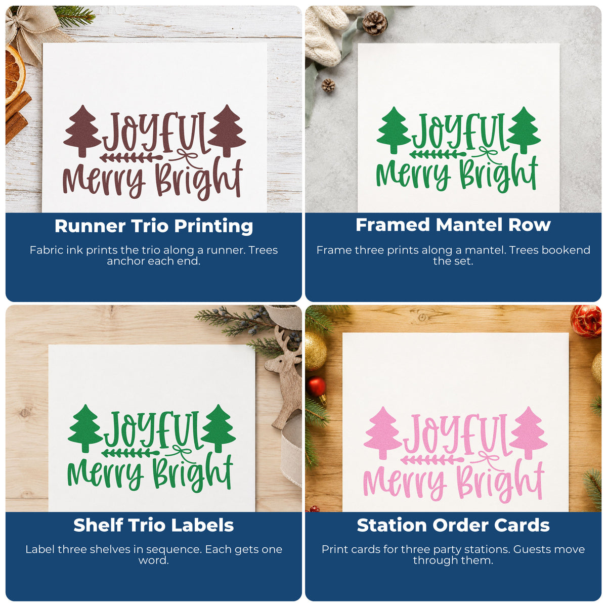 Four ways to use the Joyful Merry Bright Trees Arrow PSI Pre-Inked Stamp: runner trio printing, framed mantel row, shelf trio labels and station order cards.