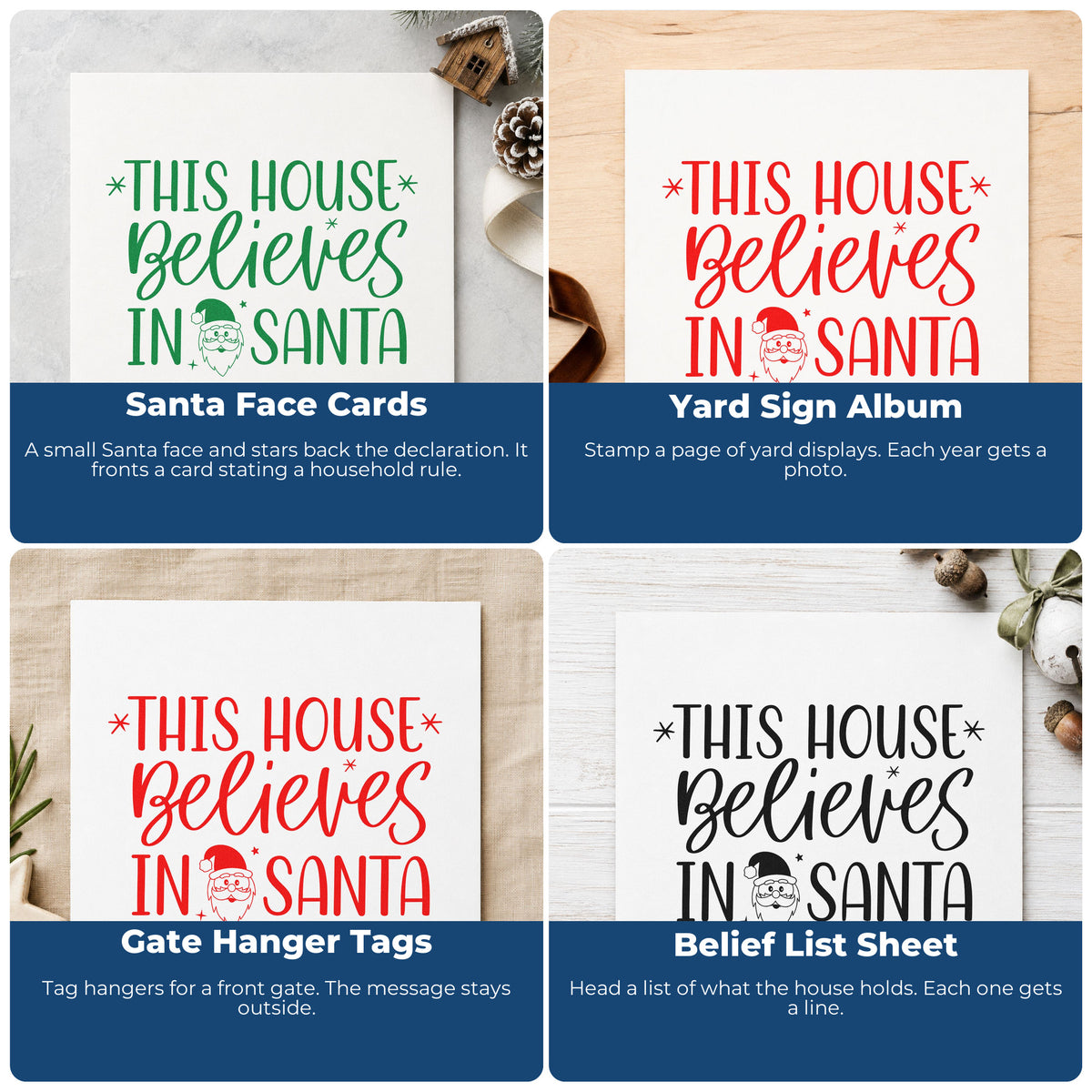 Four ways to use the Vintage Pro This House Believes In Santa With Stars Premium Wooden Stamp: santa face cards, yard sign album, gate hanger tags and belief list sheet.