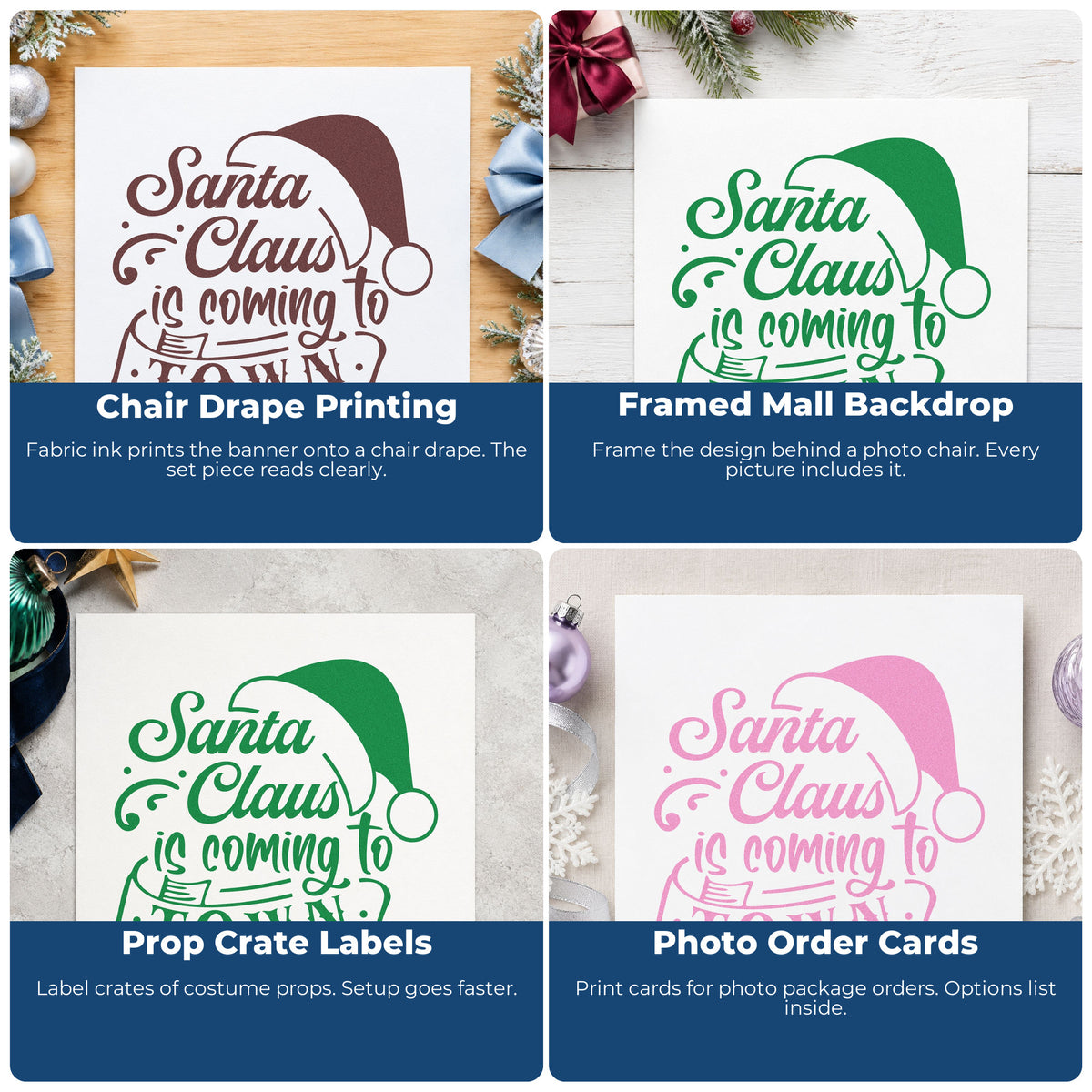 Four ways to use the Premium Wooden Santa Claus Coming To Town Stamp - Vintage Pro: chair drape printing, framed mall backdrop, prop crate labels and photo order cards.
