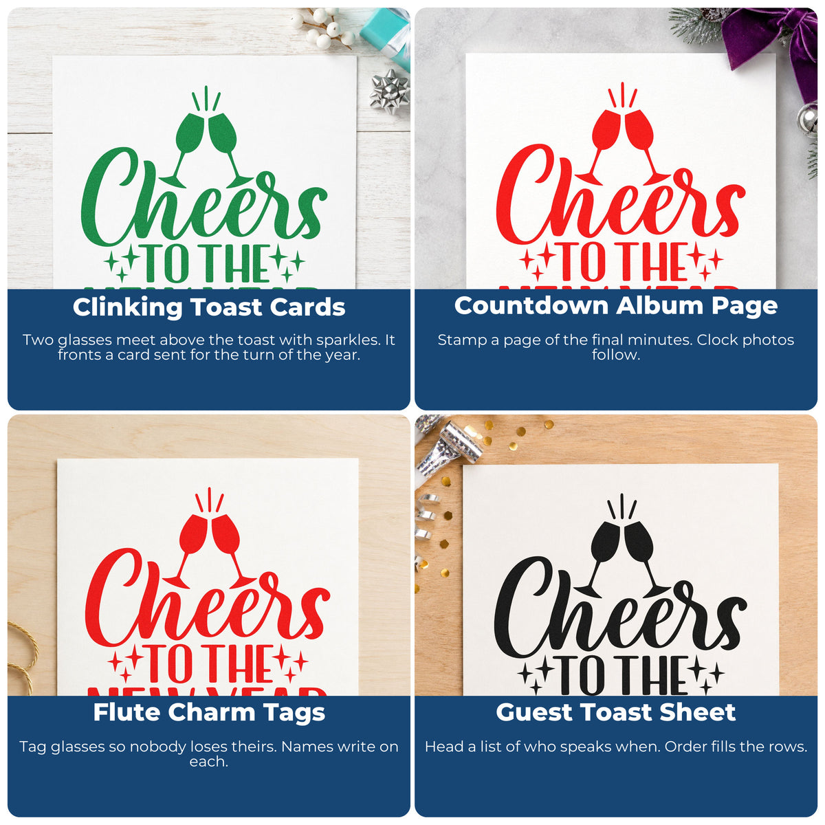 Four ways to use the Cheers To The New Year Hand Stamp – Duo: clinking toast cards, countdown album page, flute charm tags and guest toast sheet.