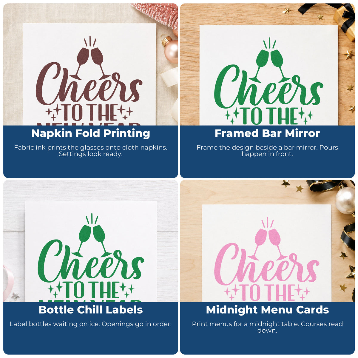 Four ways to use the Cheers To The New Year Rubber Stamp – Wood Handle: napkin fold printing, framed bar mirror, bottle chill labels and midnight menu cards.