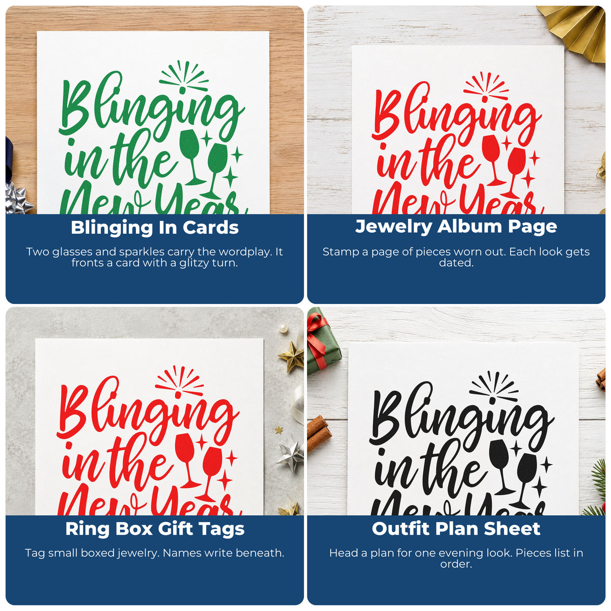 Four ways to use the New Year Bling And Sparkling Glasses Self-Inking Stamp: blinging in cards, jewelry album page, ring box gift tags and outfit plan sheet.