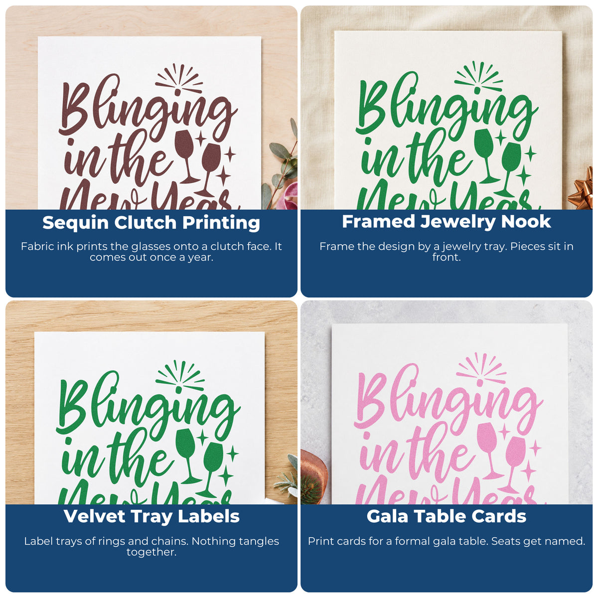 Four ways to use the New Year Bling And Sparkling Glasses Wood Handle Stamp: sequin clutch printing, framed jewelry nook, velvet tray labels and gala table cards.