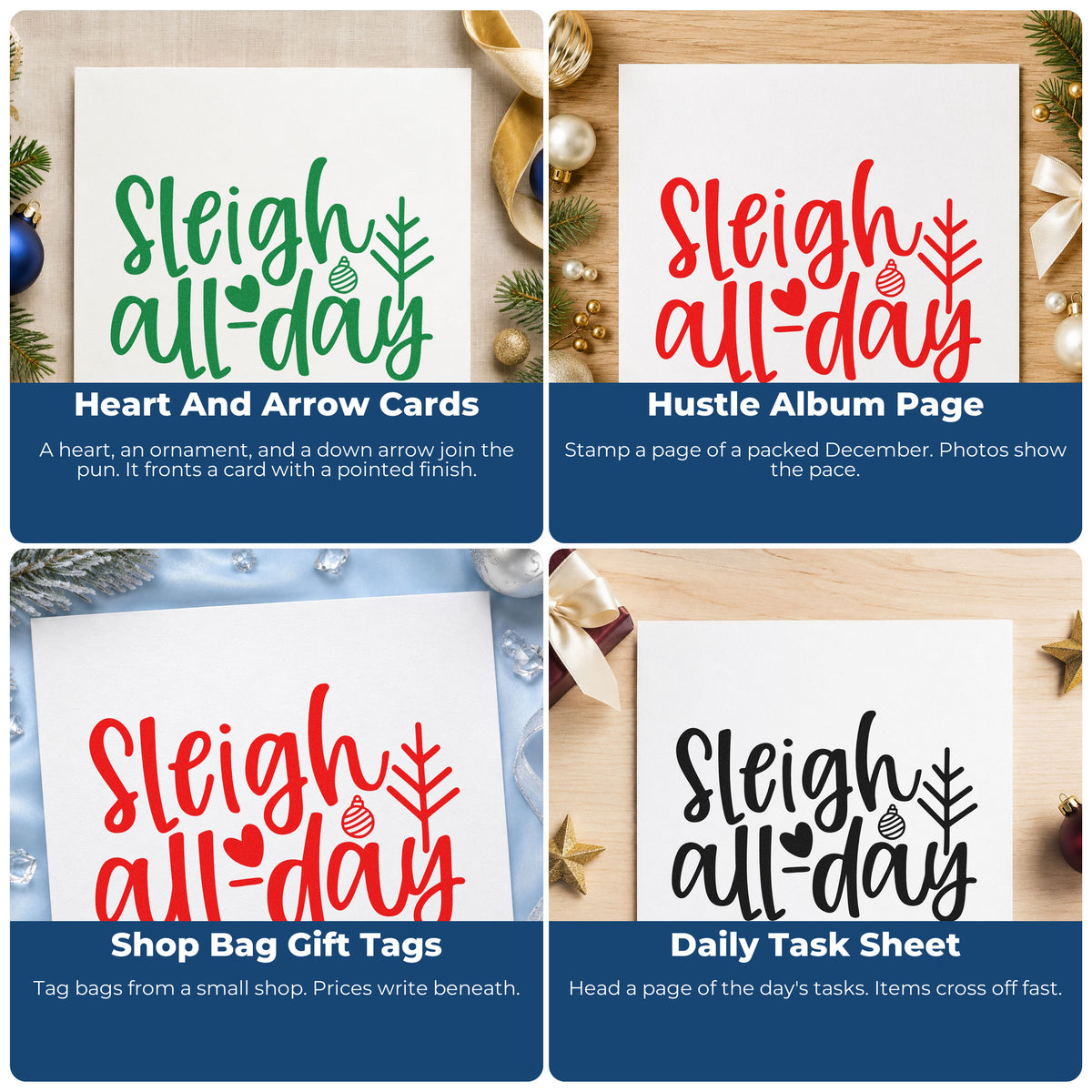 Four ways to use the Sleigh All Day Arrow Pre-Inked Stamp – Slim: heart and arrow cards, hustle album page, shop bag gift tags and daily task sheet.