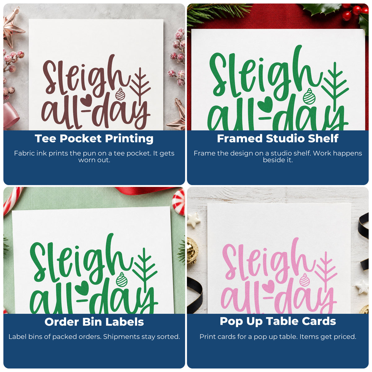 Four ways to use the Sleigh All Day Arrow Pre-Inked Stamp – Slim: tee pocket printing, framed studio shelf, order bin labels and pop up table cards.