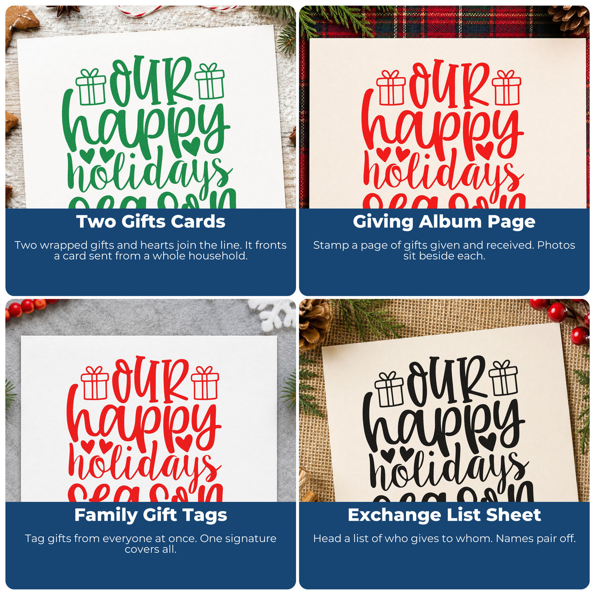 Four ways to use the Our Happy Holidays Season Self-Inking Stamp: two gifts cards, giving album page, family gift tags and exchange list sheet.