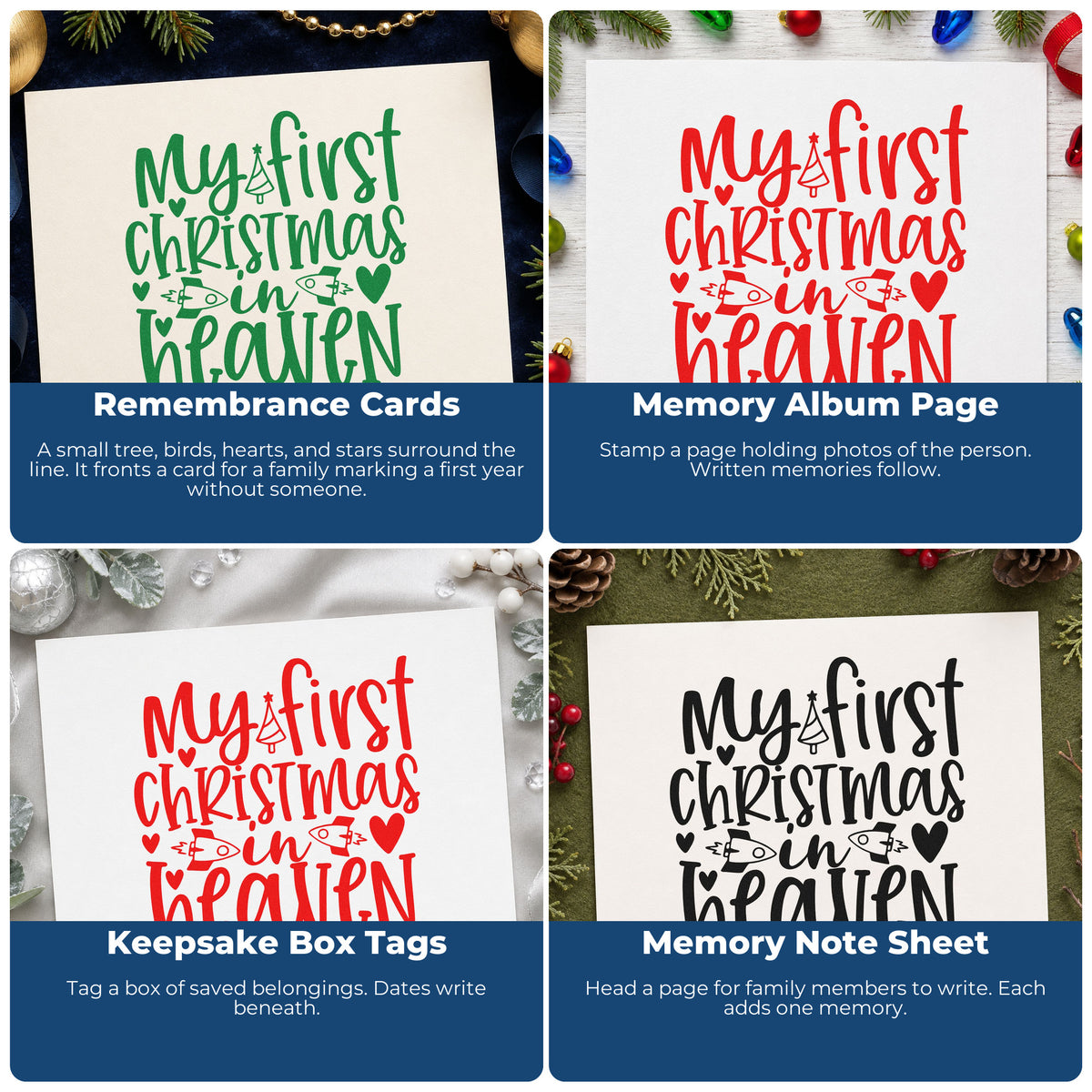 Four ways to use the My First Christmas In Heaven Rubber Stamp – Wood Handle: remembrance cards, memory album page, keepsake box tags and memory note sheet.